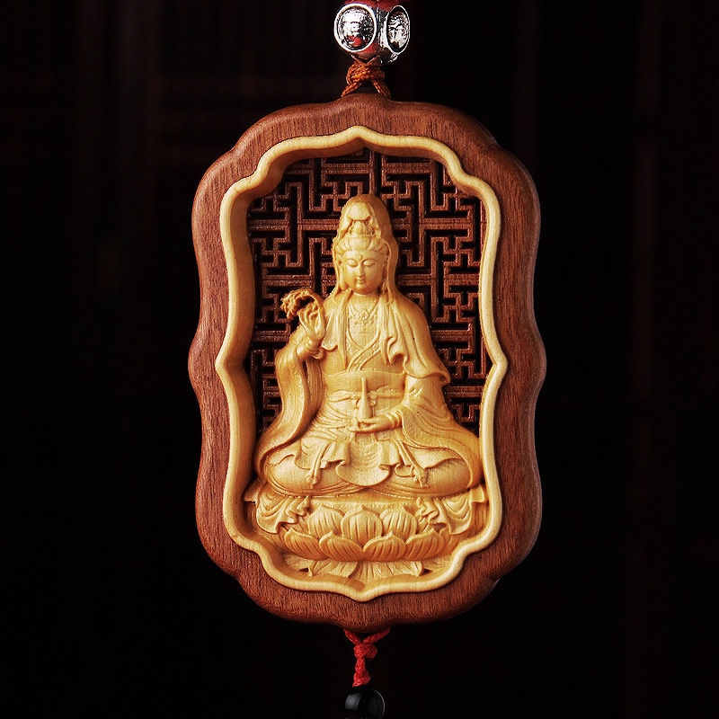 Dây treo trang trí ô tô bằng gỗ hoàng dương, hình Quan Âm Bồ Tát 5