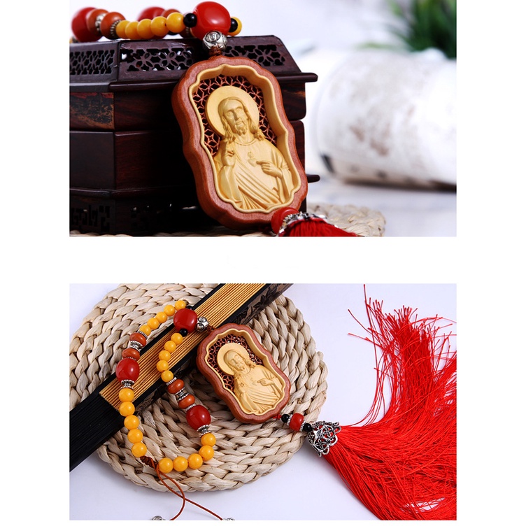 Dây treo trang trí ô tô bằng gỗ hoàng dương, hình Chúa Giêsu 3