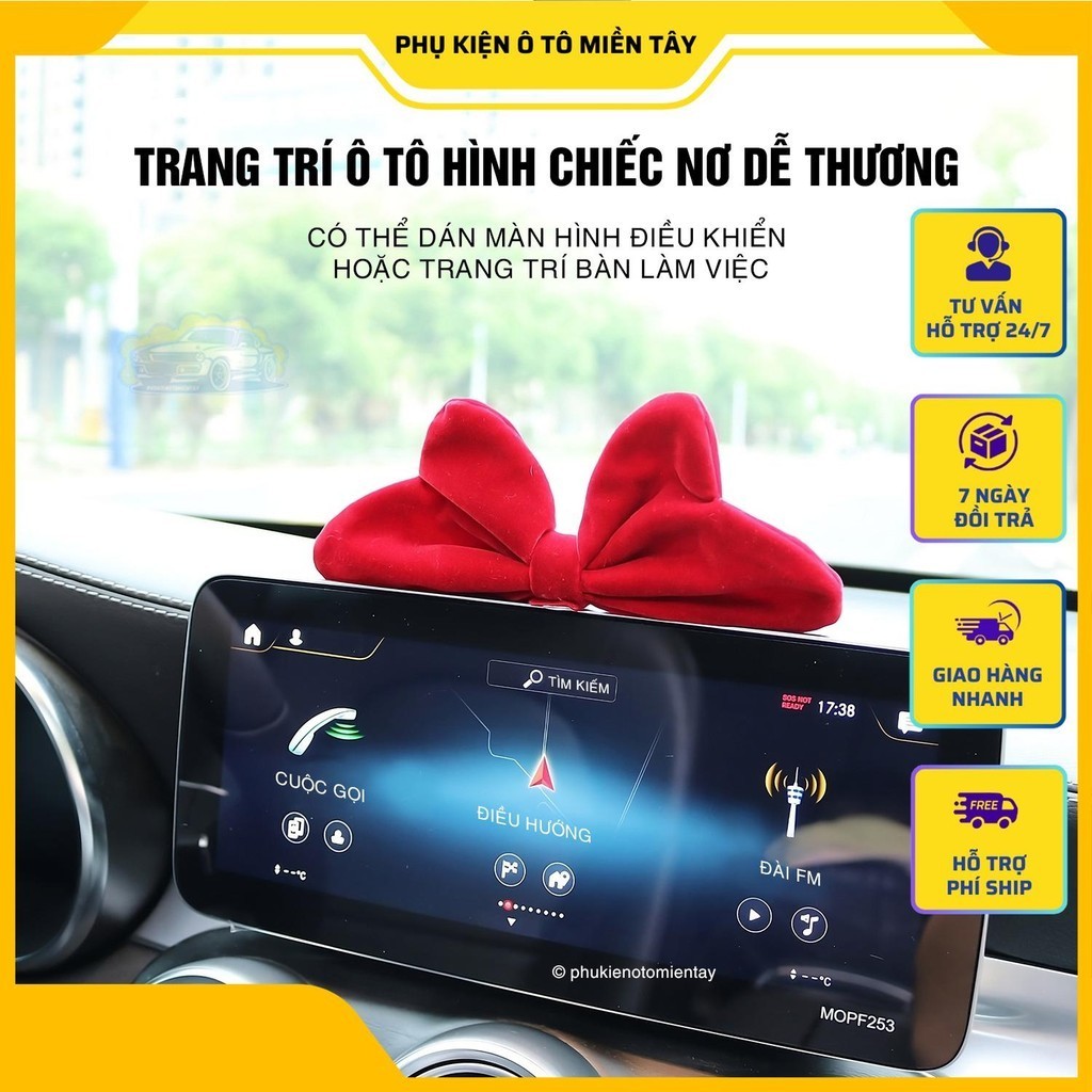 Trang Trí Ô tô Chiếc Nơ Dễ Thương Lắp Màn Hình Điều Khiển Bằng Nhung Kèm Keo Dán