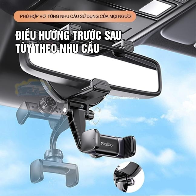 Kẹp Điện Thoại Trên Ô Tô, Gắn Gương Chiếu Hậu, Xoay 360 Độ, Điều Hướng Ngang Dọc YESIDO 4