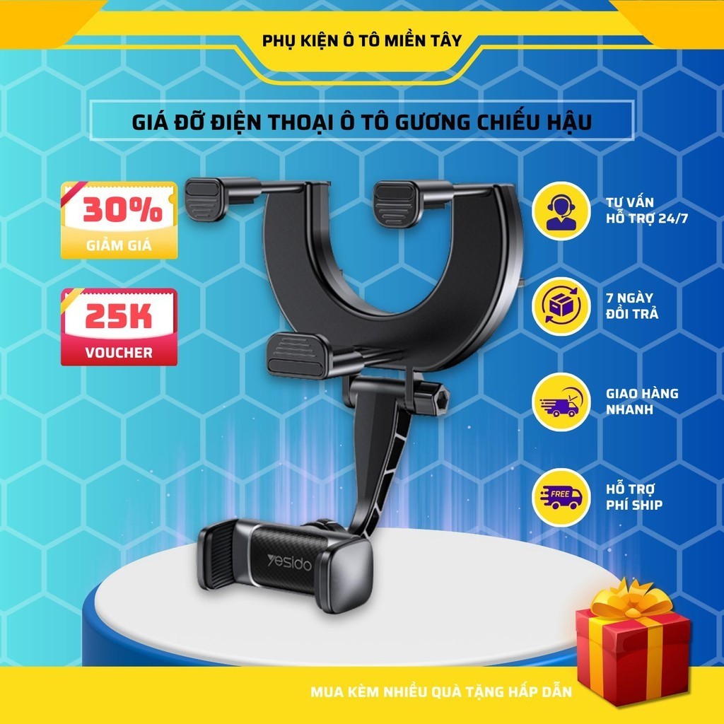 Kẹp Điện Thoại Trên Ô Tô, Gắn Gương Chiếu Hậu, Xoay 360 Độ, Điều Hướng Ngang Dọc YESIDO