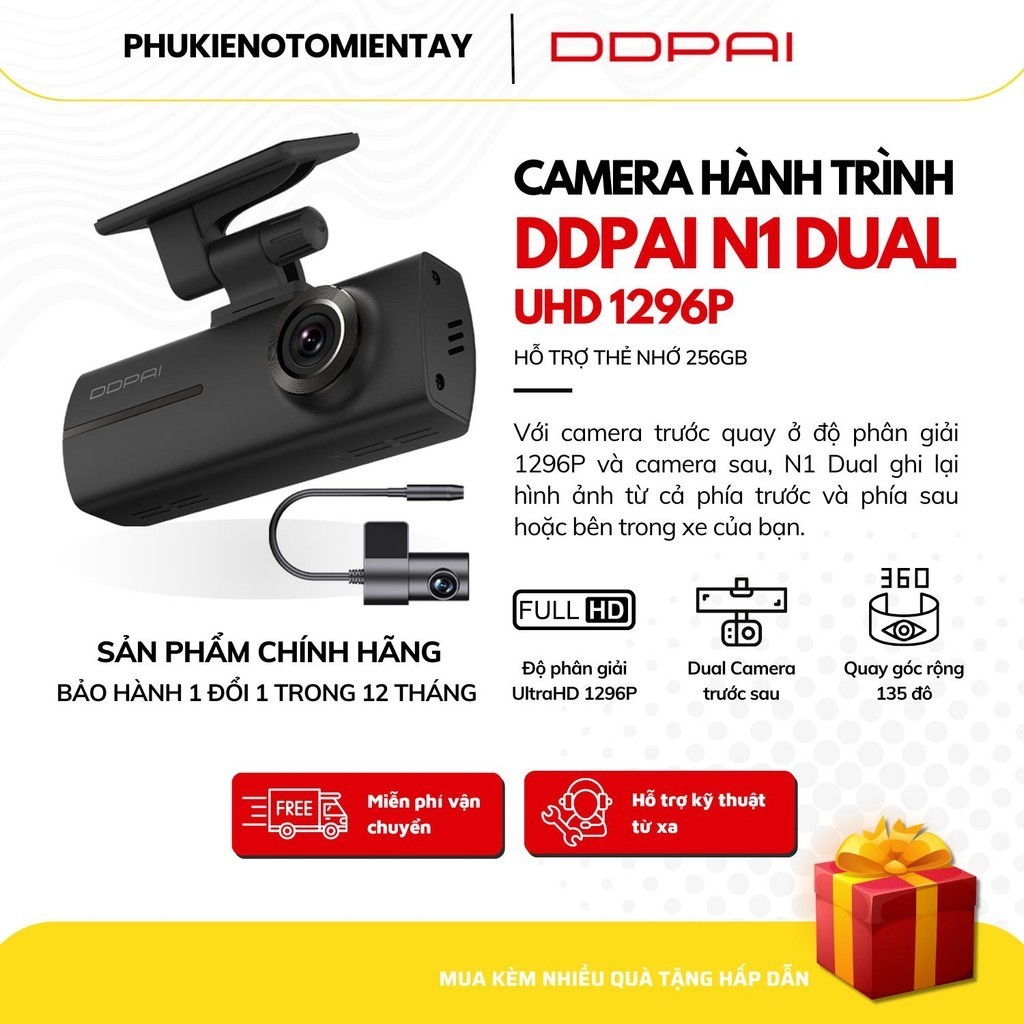 Camera Hành Trình Ô tô DDPAI N1 Dual 1296P Ghi Hình Trước Sau Chính Hãng Bảo Hành 12 Tháng, Hỗ Trợ Thẻ Nhớ 256GB