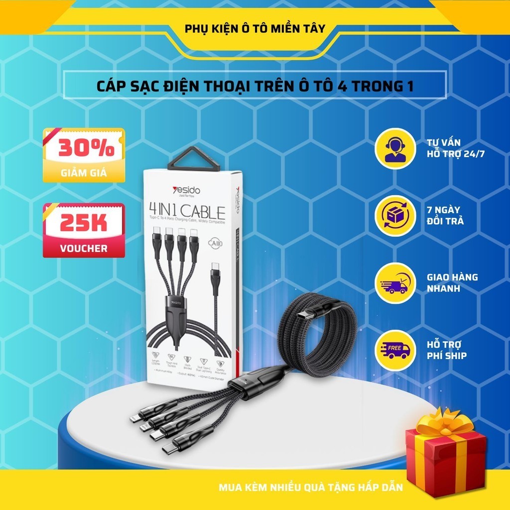 Cáp Sạc Ô tô Đa Năng 4 Trong 1, Sạc Nhanh Cùng Lúc Nhiều Điện Thoại, Dây Vải Bền Bỉ Chắc Chắn