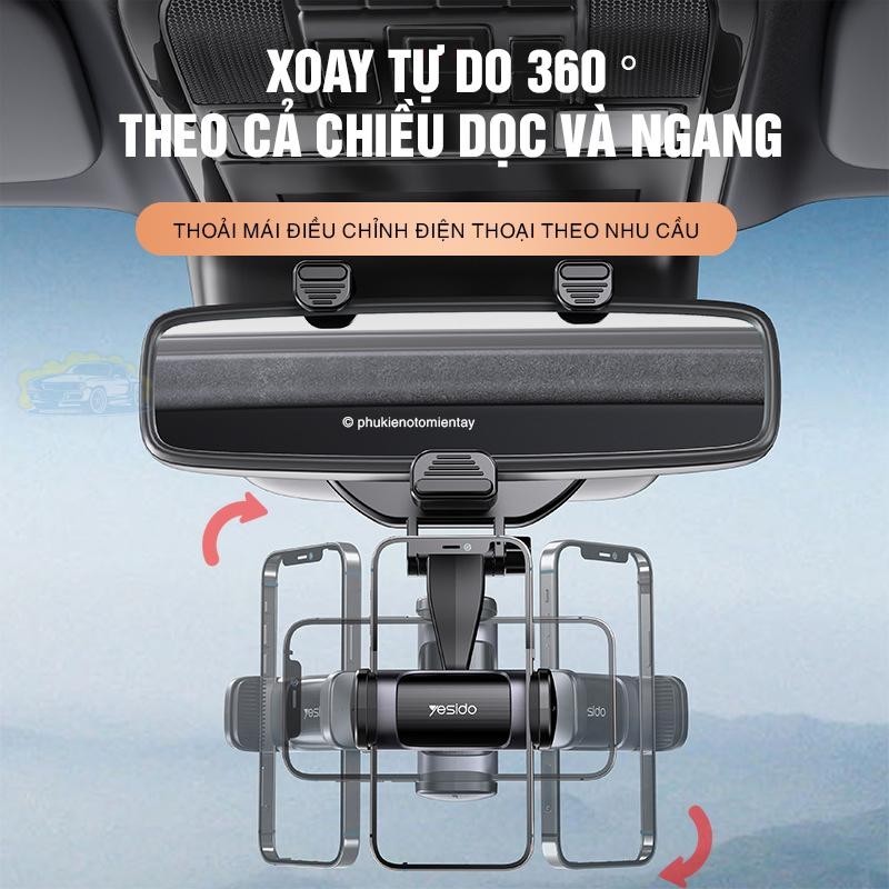 Kẹp Điện Thoại Trên Ô Tô, Gắn Gương Chiếu Hậu, Xoay 360 Độ, Điều Hướng Ngang Dọc YESIDO 5