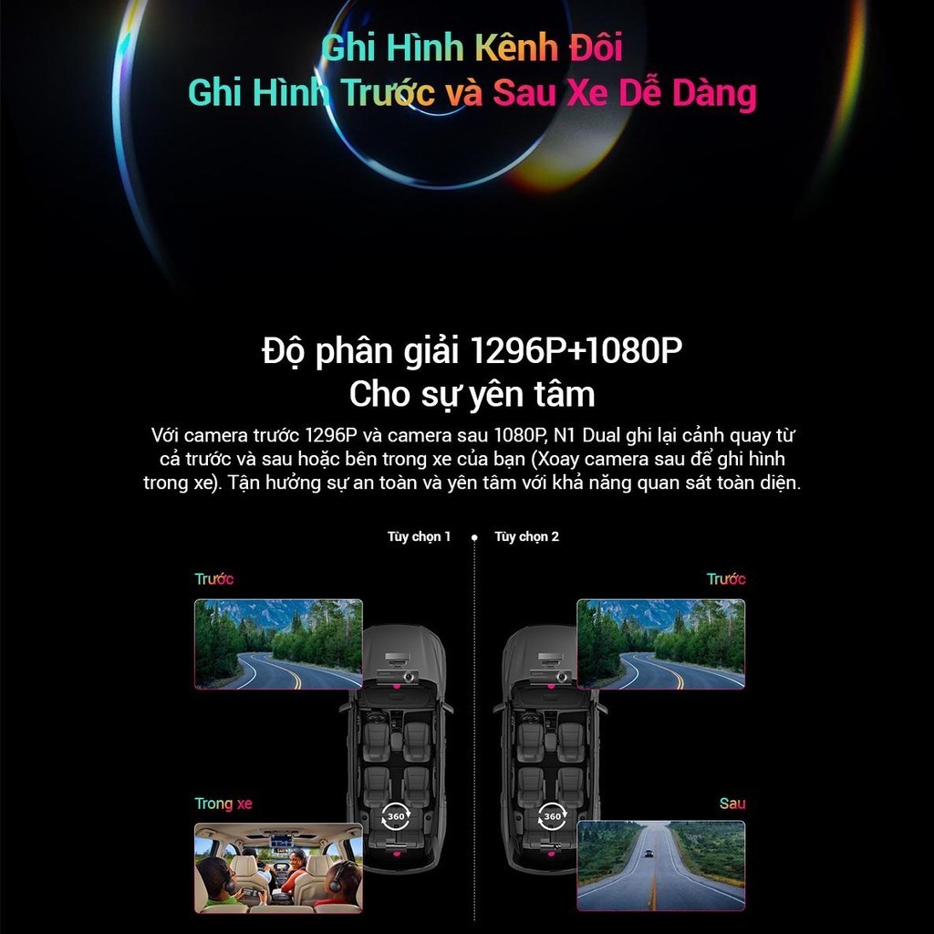 Camera Hành Trình Ô tô DDPAI N1 Dual 1296P Ghi Hình Trước Sau Chính Hãng Bảo Hành 12 Tháng, Hỗ Trợ Thẻ Nhớ 256GB 3