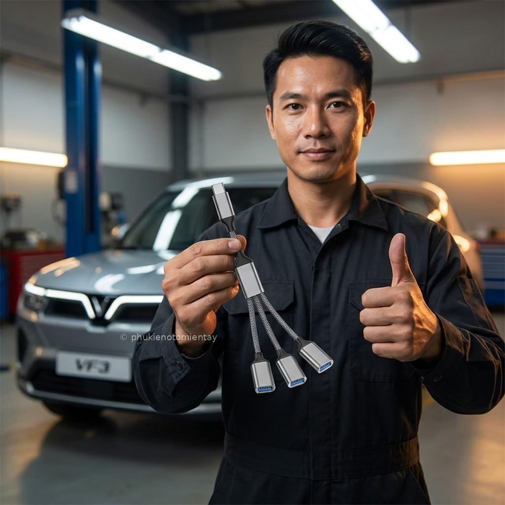 Cáp Chia Cổng Sạc Type C ra 3 USB cho Xe VinFast VF3, Hỗ Trợ Camera Hành Trình 5V/10W, Dây Dù Bền Bỉ 4