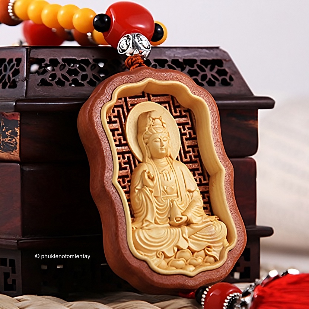 Dây treo trang trí ô tô bằng gỗ hoàng dương, hình Quan Âm Bồ Tát 4