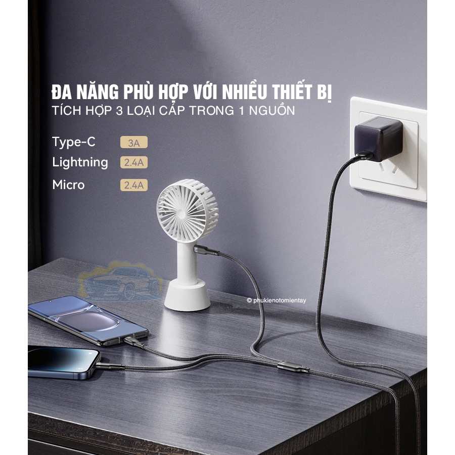 Cáp Sạc Nhanh Đa Năng Trên Ô tô,  Cáp Sạc 3 Trong 1 Dây Vải Cao Cấp 4