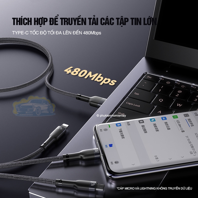 Cáp Sạc Nhanh Đa Năng Trên Ô tô,  Cáp Sạc 3 Trong 1 Dây Vải Cao Cấp 3