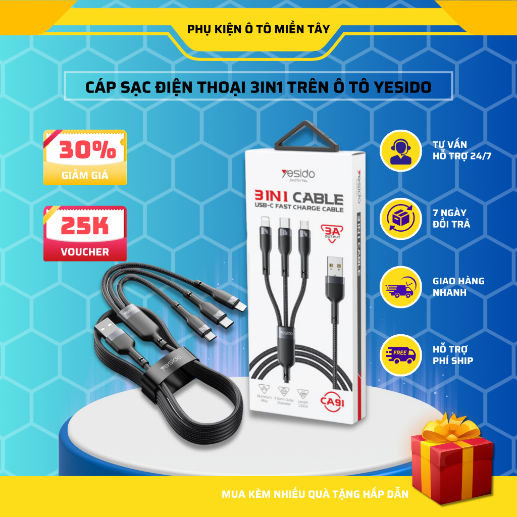 Cáp Sạc Nhanh Đa Năng Trên Ô tô,  Cáp Sạc 3 Trong 1 Dây Vải Cao Cấp