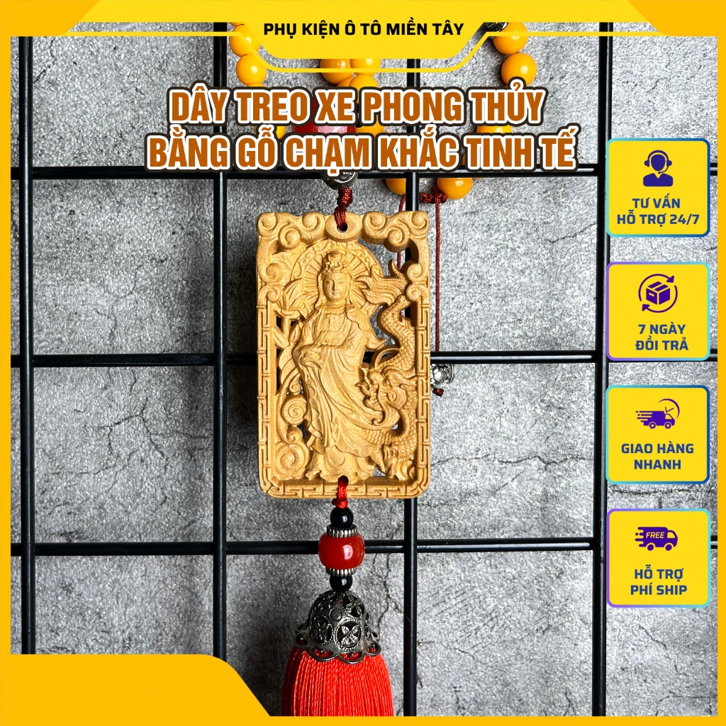 Dây Treo Trang Trí Ô tô Mặt Gỗ Khắc Rỗng, Hình Quan Âm Bồ Tát, Khánh Treo Xe Hơi Ô tô Phong Thủy