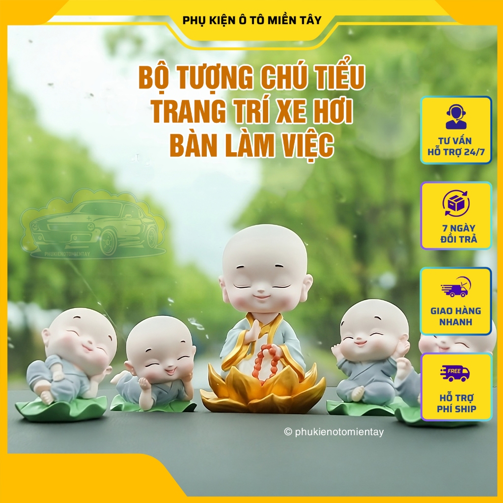 Bộ Tượng Chú Tiểu Dễ Thương May Mắn Phong Thủy Trang Trí Xe Ô tô Bàn Làm Việc