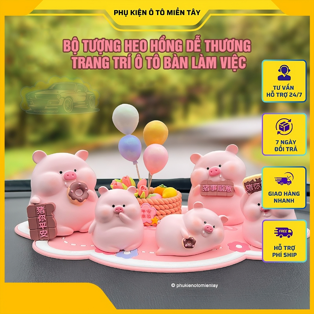 Bộ Tượng Heo Hồng Dễ Thương Trang Trí Xe Hơi và Bàn Làm Việc