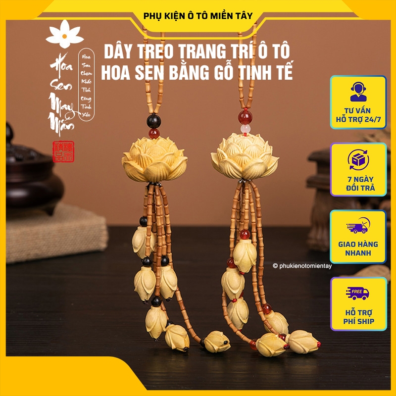 Dây Treo Trang Trí Ô tô Bông Sen May Mắn, Bằng Gỗ Chạm Khắc Thủ Công, Khánh Treo Xe Hơi Ô tô Phong Thủy