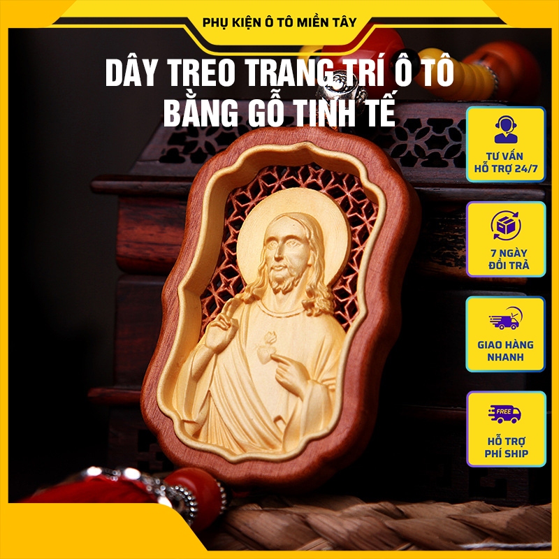Dây treo trang trí ô tô bằng gỗ hoàng dương, hình Chúa Giêsu