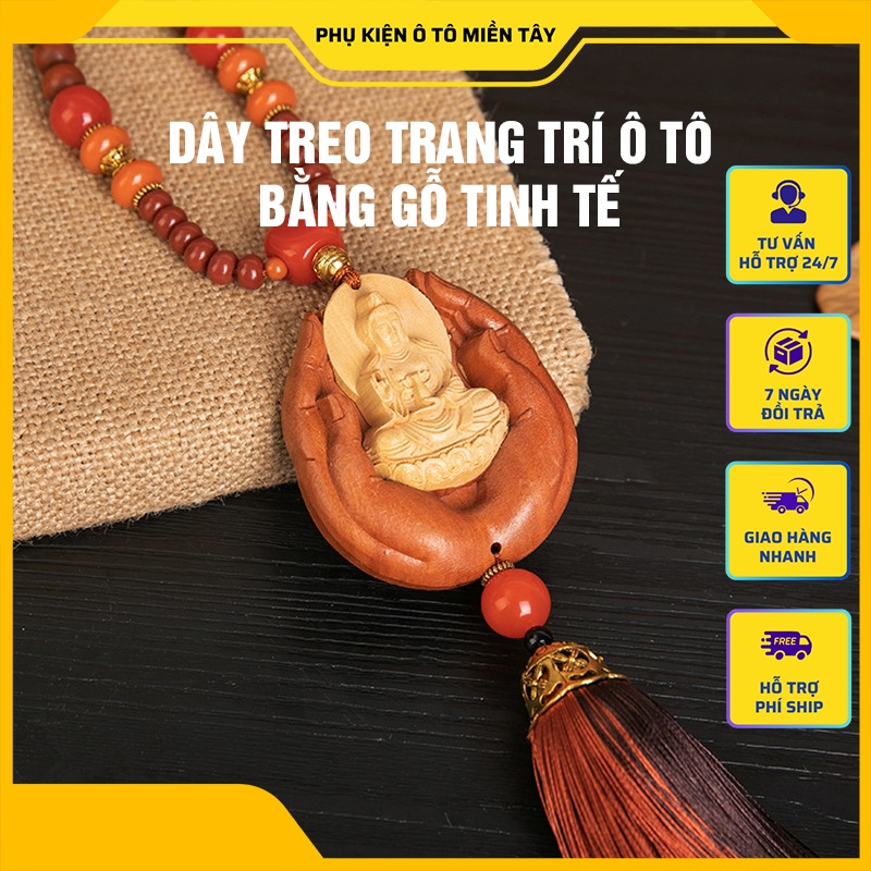Dây Treo Trang Trí Ô tô Mặt Dây Chuyền Gỗ Bàn Tay, Hình Quan Âm Bồ Tát, Khánh Treo Xe Hơi Ô tô Phong Thủy